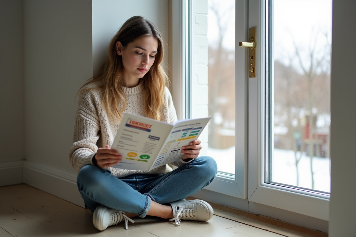 Jeune femme examinant une brochure sur l
