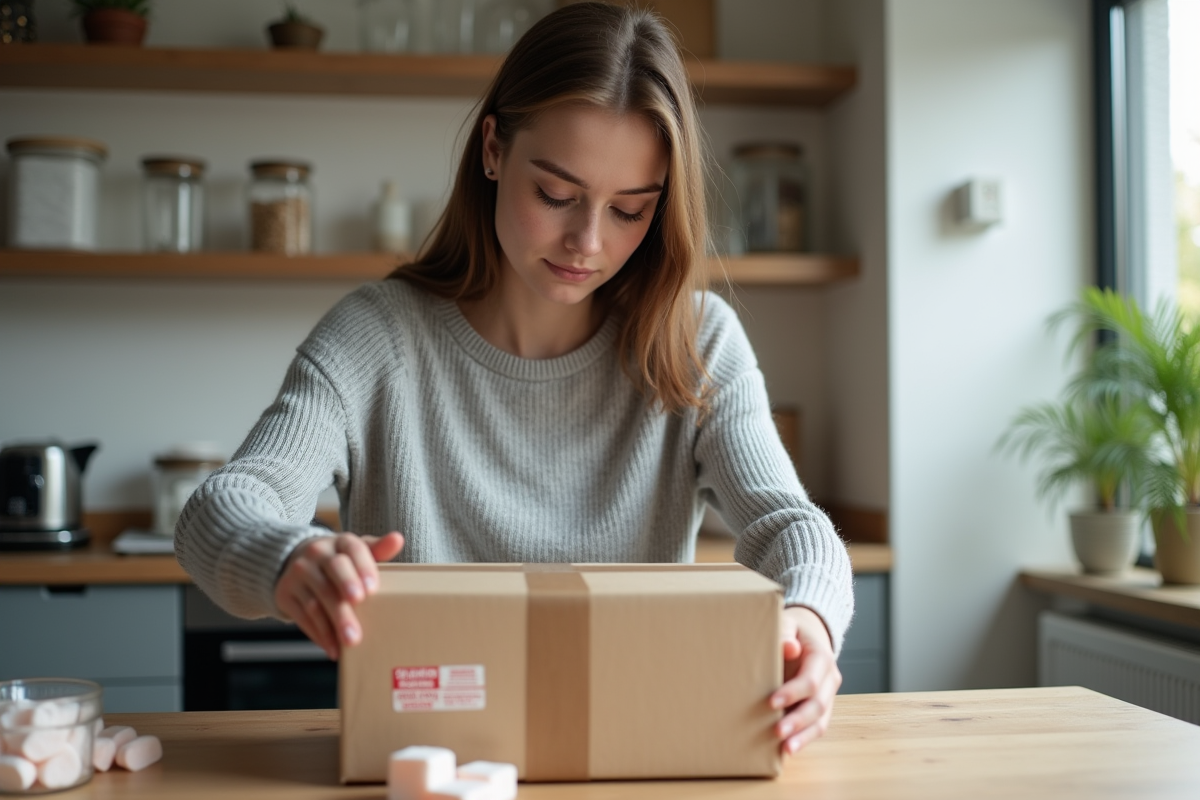 Jeune femme scellant un colis dans une cuisine chaleureuse