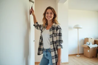 Jeune femme en flanelle peignant un mur blanc dans un salon
