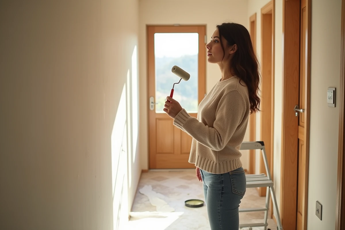 Jeune femme examine un mur peint dans un couloir ensoleille