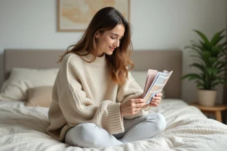 Jeune femme choisissant des échantillons de couleur dans une chambre minimaliste