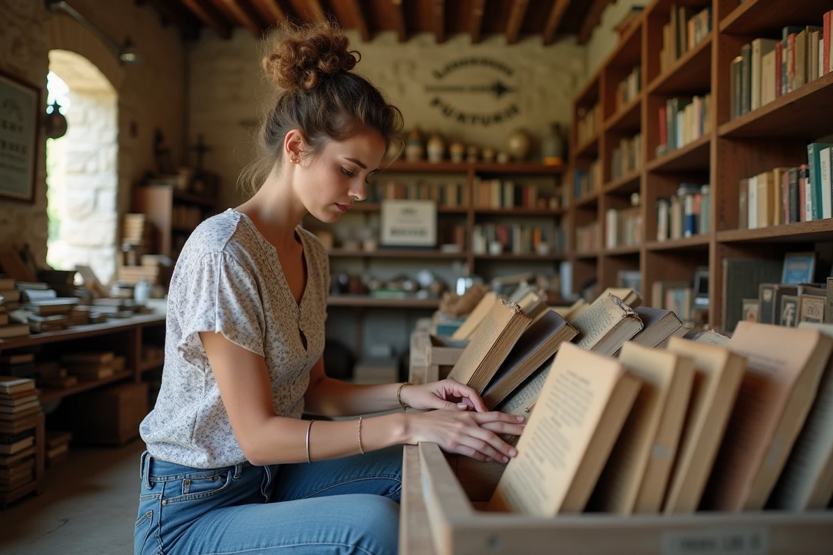 Jeune femme inspecte des livres dans une brocante intérieure