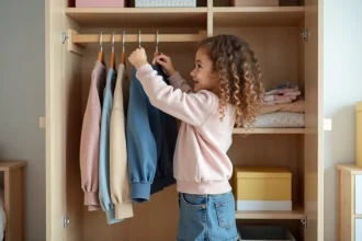 Jeune fille de 7 ans accrochant une veste dans une chambre cosy