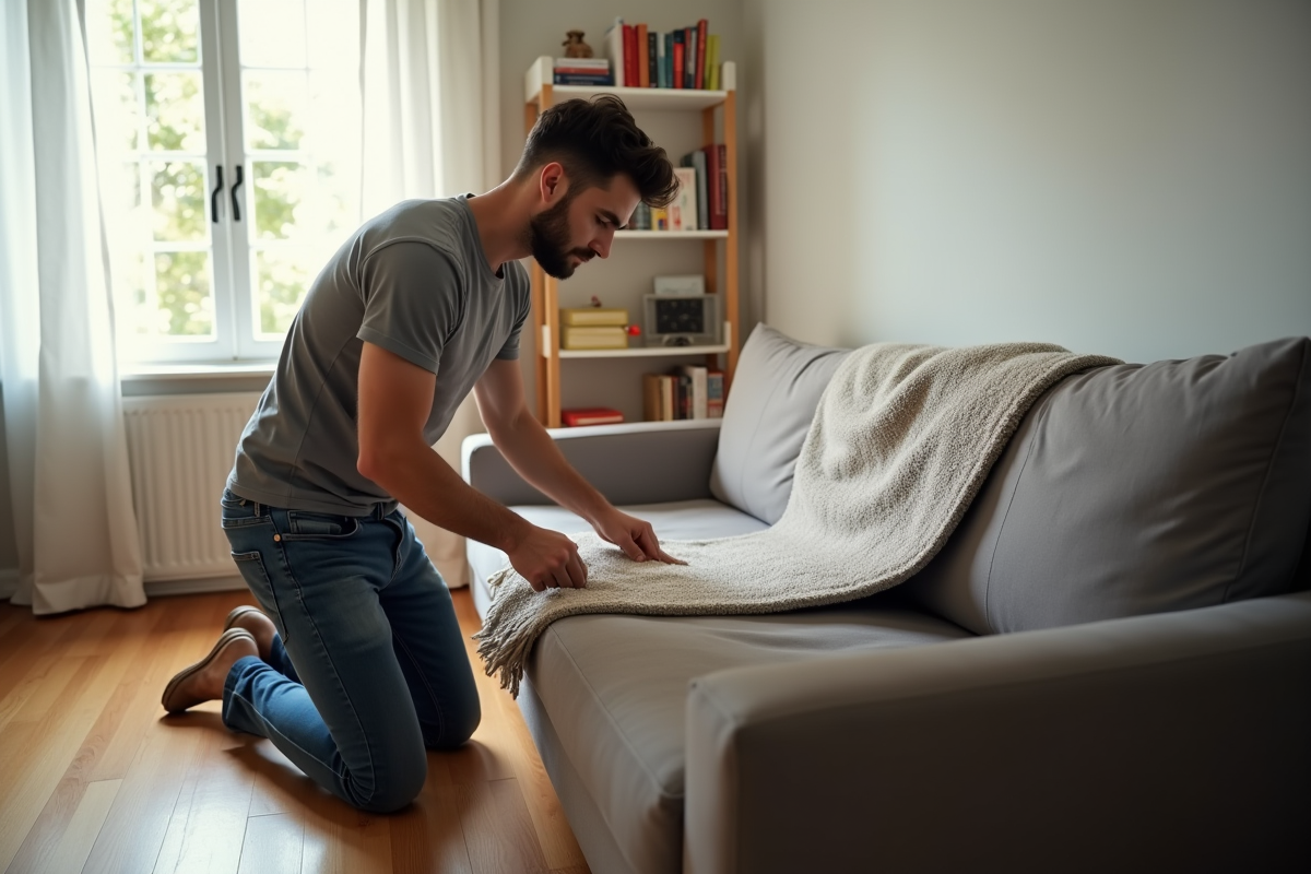 Jeune homme fixant un plaid avec des clips sur un canapé