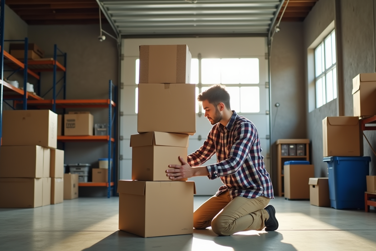 Jeune homme empilant des cartons dans un garage lumineux