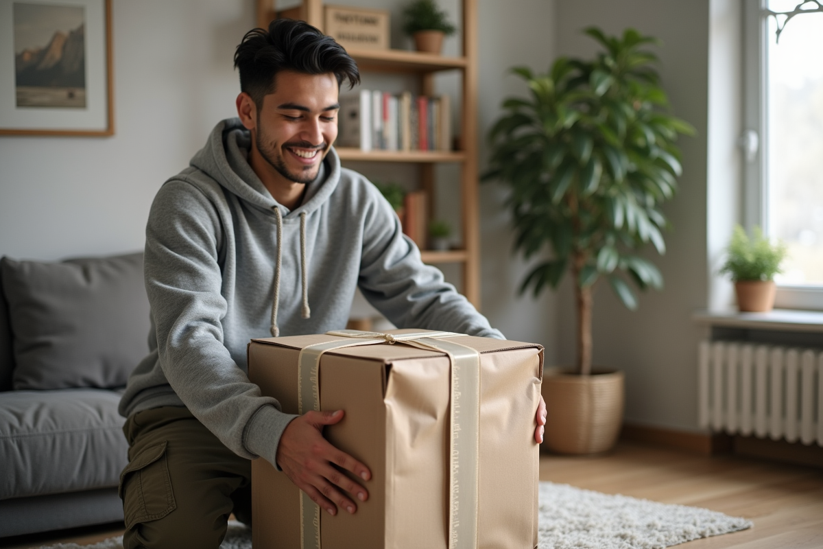 Jeune homme préparant un colis de livres avec un sac réutilisable