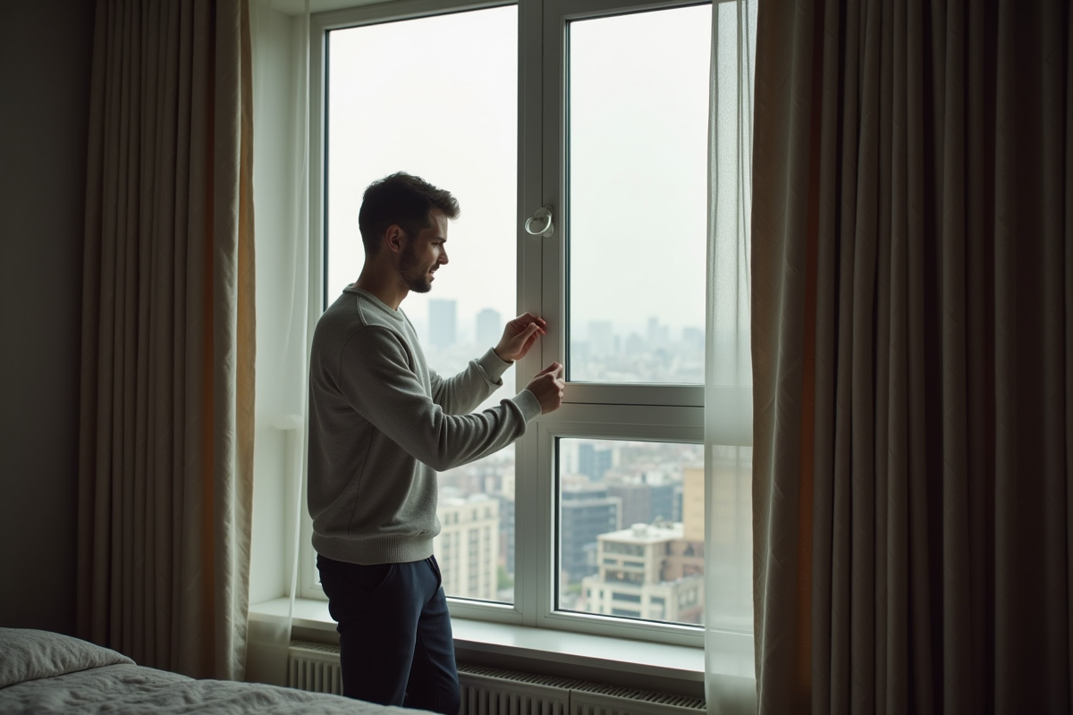 Jeune homme fermant des rideaux dans une chambre urbaine
