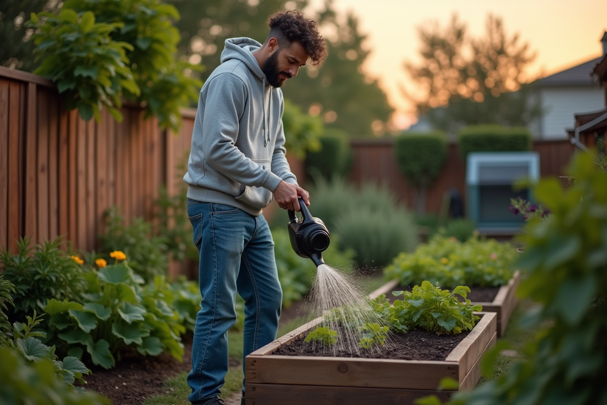 Jeune homme arrosant jardin en soirée