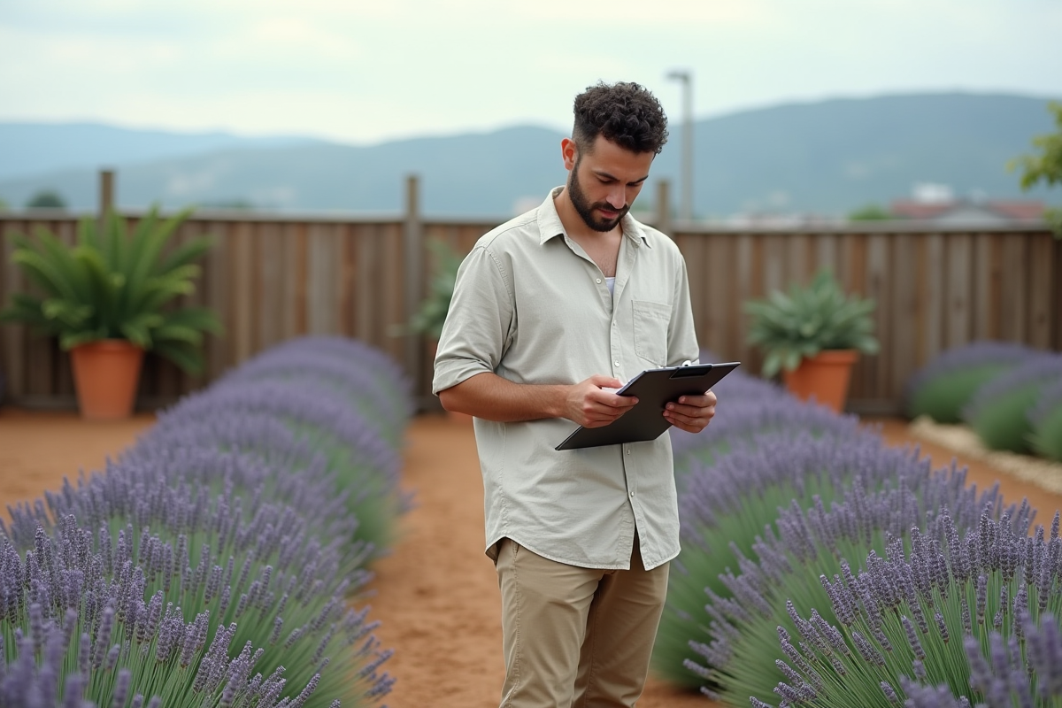 Jeune homme examinant des lavandes malades en pépiniere