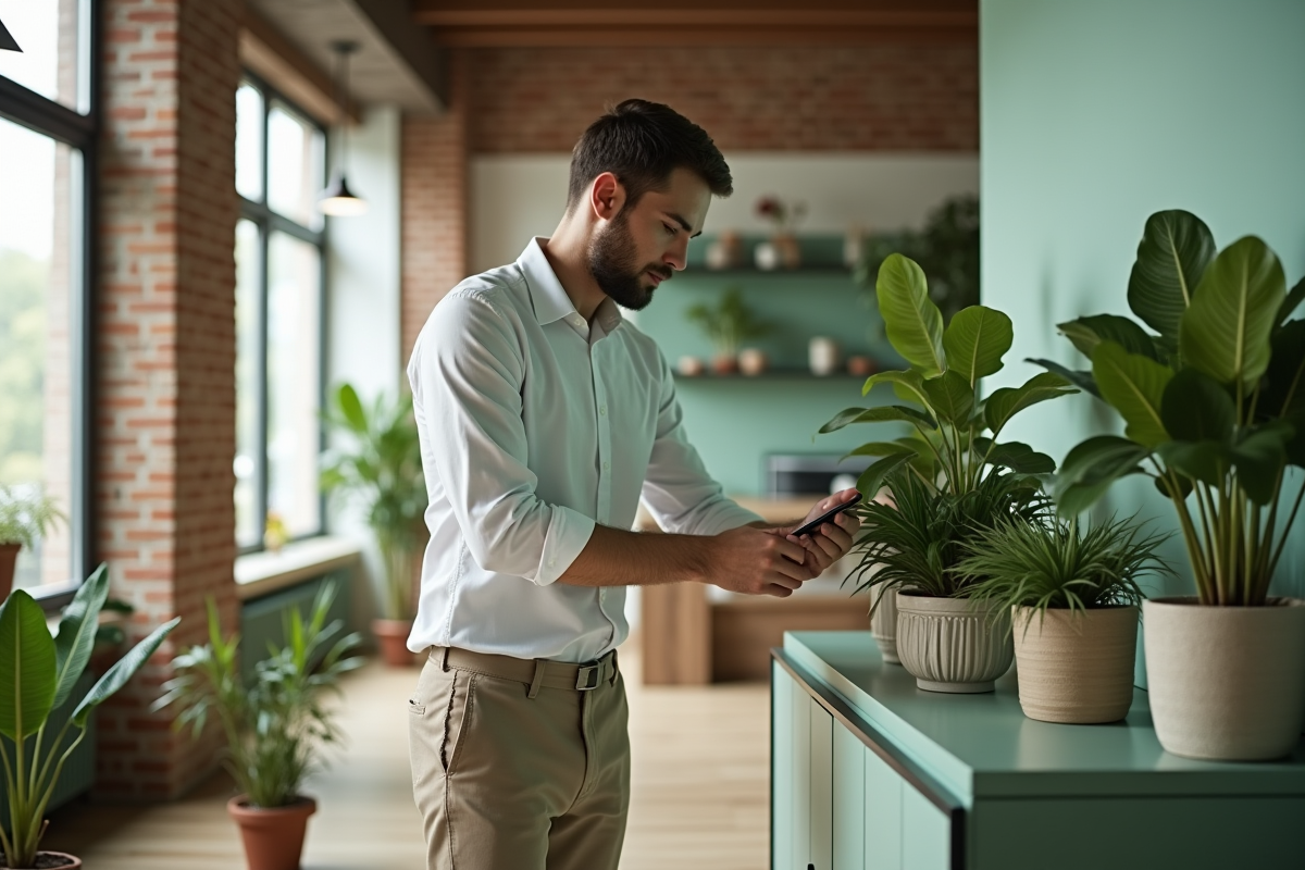 Jeune homme arrangeant des plantes dans un loft lumineux