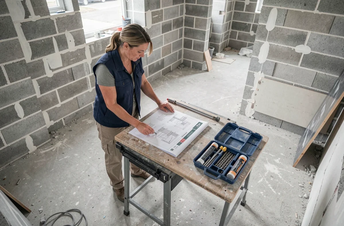 Femme consultant une notice de pose de chevilles chimiques avec un kit complet disposé sur un établi dans un chantier de rénovation
