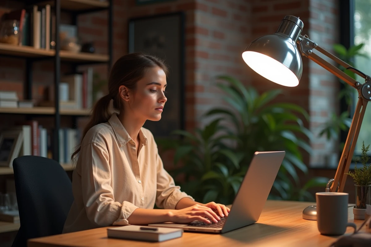 Femme en télétravail à son bureau avec une lampe halogène sur pied dans un bureau à domicile chaleureux
