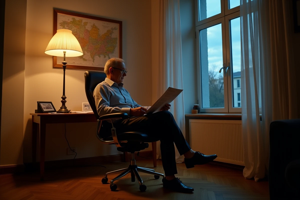 Homme consultant des documents dans un bureau à domicile le soir avec une lampe halogène torchère sur pied dans un coin