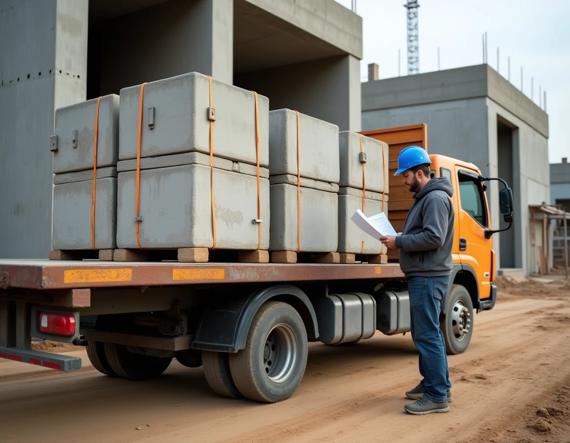 Livraison de poutrelles et hourdis sur chantier de construction avec camion plateau et contrôle du bon de livraison