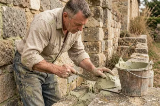 Maçon appliquant un mortier chaux-sable dans les joints de pierres apparentes d'un mur en calcaire rustique