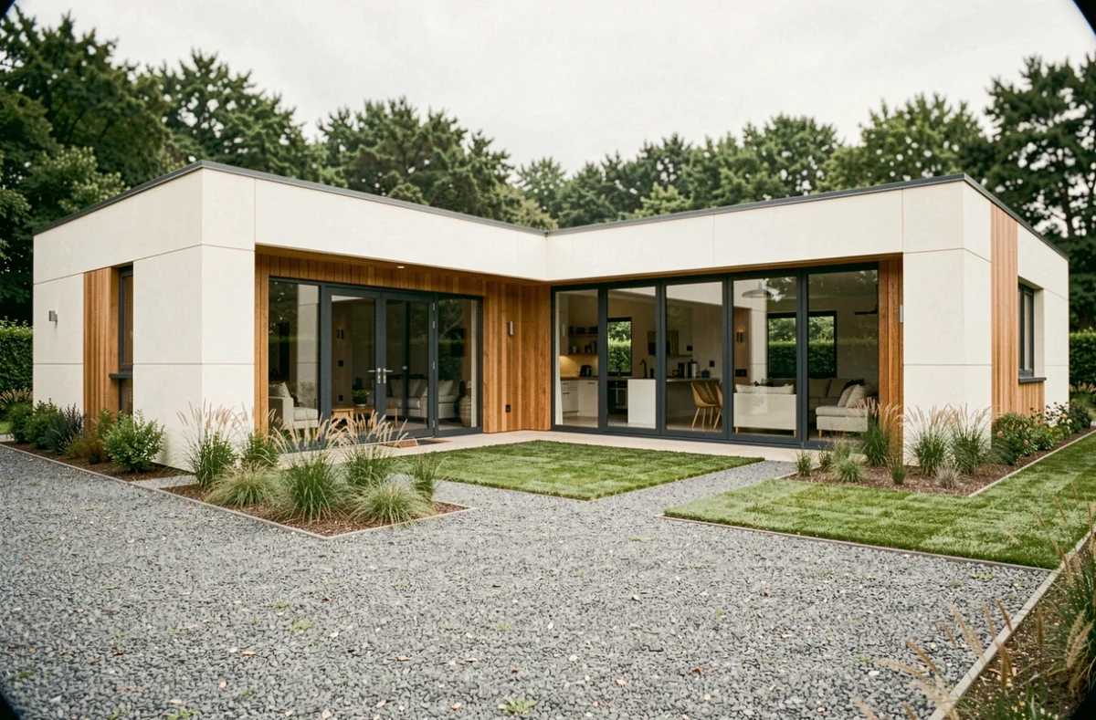 Maison en L de plain pied moderne avec bardage bois et grandes baies vitrées vue depuis le jardin