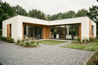 Maison en L de plain pied moderne avec bardage bois et grandes baies vitrées vue depuis le jardin
