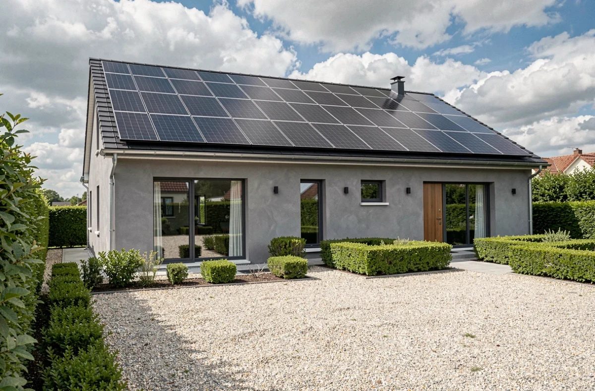 Vue extérieure d'une maison individuelle moderne avec des panneaux solaires couvrant entièrement le toit orienté au sud