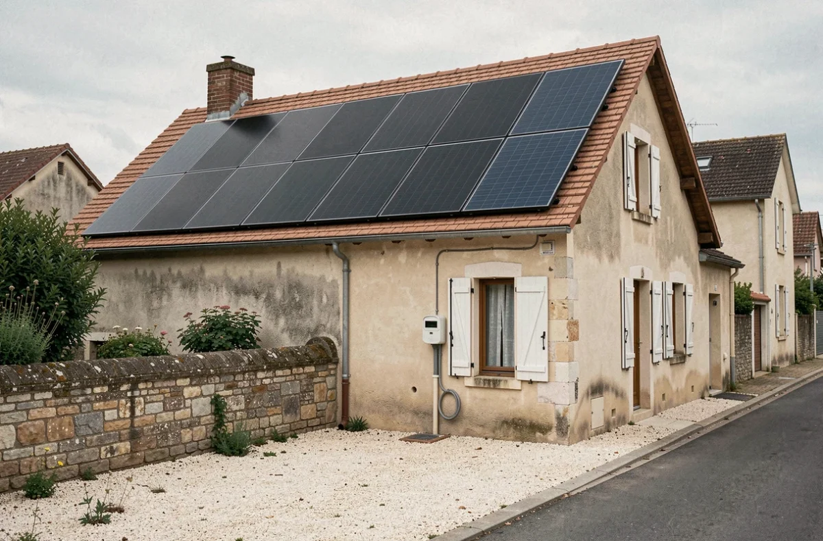 Maison individuelle française avec panneaux solaires installés sur toiture en tuiles, vue de façade