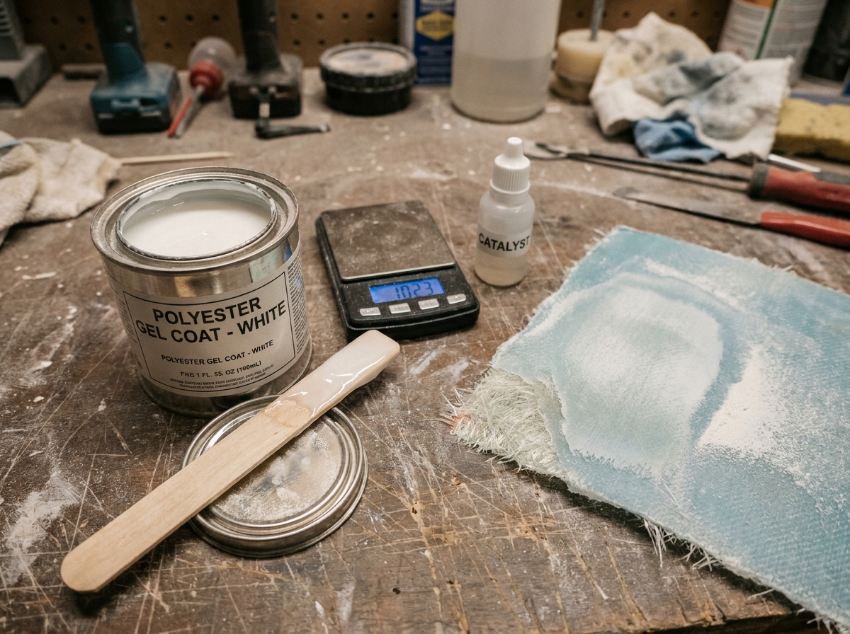 Matériaux nécessaires pour l'utilisation du gel coat polyester disposés sur un établi d'atelier : boîte de gel coat, catalyseur et panneau en fibre de verre