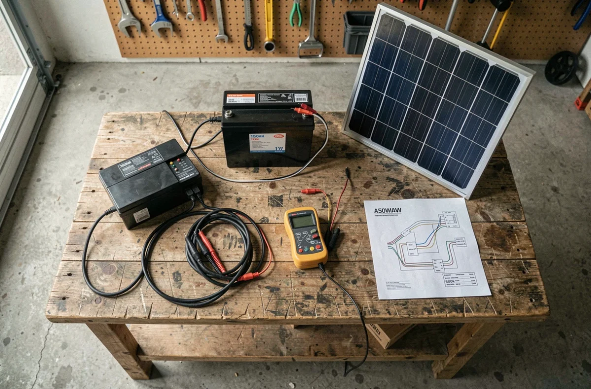 Vue aérienne du matériel nécessaire pour relier un panneau solaire à une batterie 12V 150Ah sur un établi d'atelier