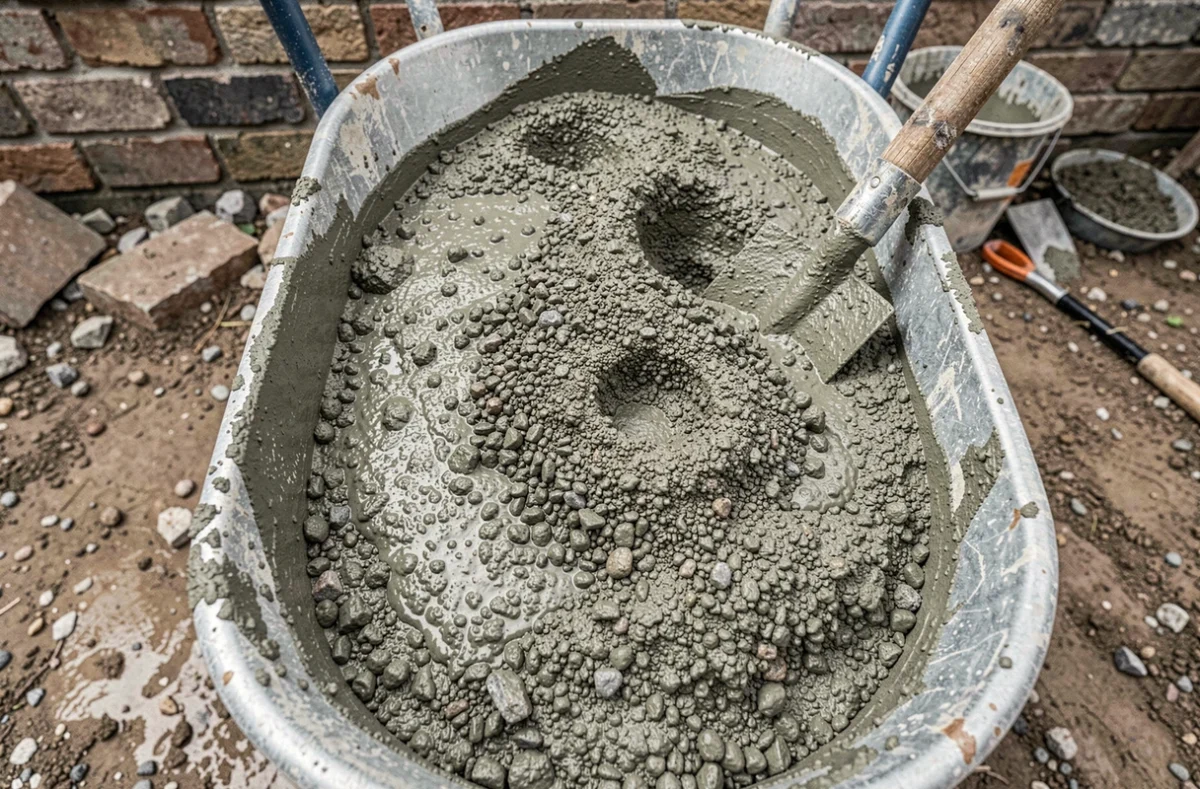 Gros plan sur un mélange béton sable gravier dans une brouette de chantier, illustrant le dosage professionnel à 350 kg au mètre cube
