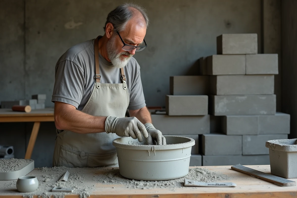 Artisan mélangeant du mortier pour béton cellulaire dans un atelier de menuiserie, outils de maçonnerie au premier plan