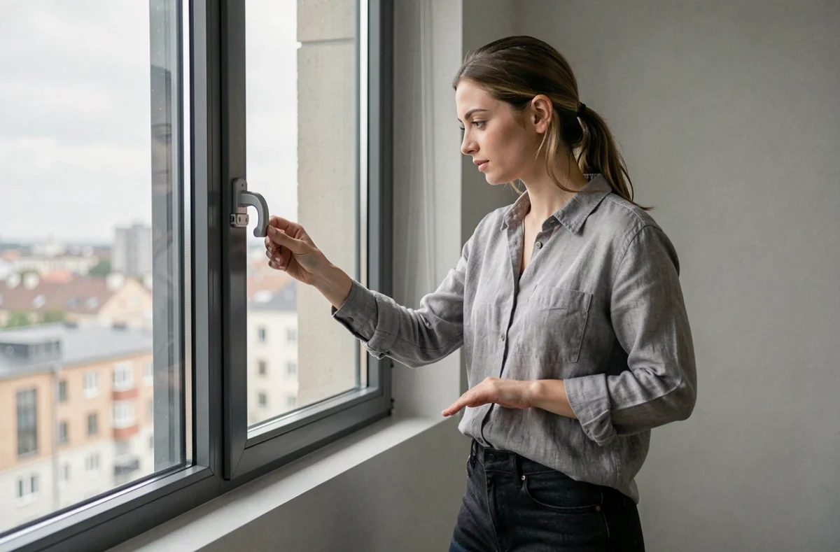 Mère inspectant un grillage de sécurité fenêtre installé dans un appartement moderne