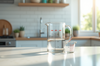Verre doseur d'eau sur plan de travail lumineux