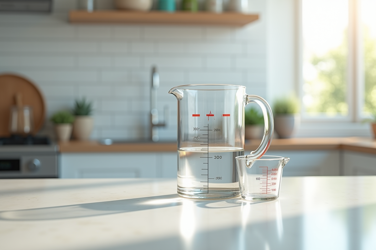 Verre doseur d'eau sur plan de travail lumineux