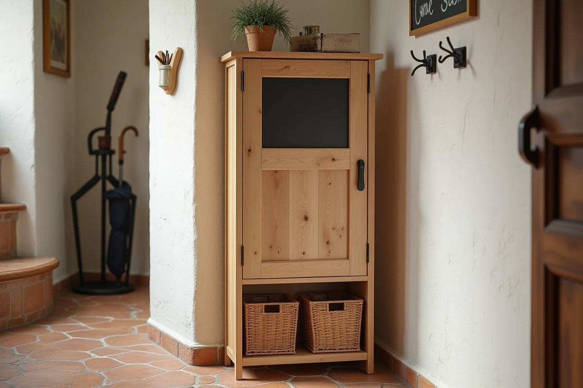 Meuble cache compteur électrique en pin brut DIY dans un couloir d'entrée avec panier de rangement et carrelage ancien