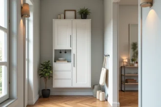 Meuble cache compteur électrique blanc en bois dans une entrée moderne avec parquet en chevrons et miroir décoratif