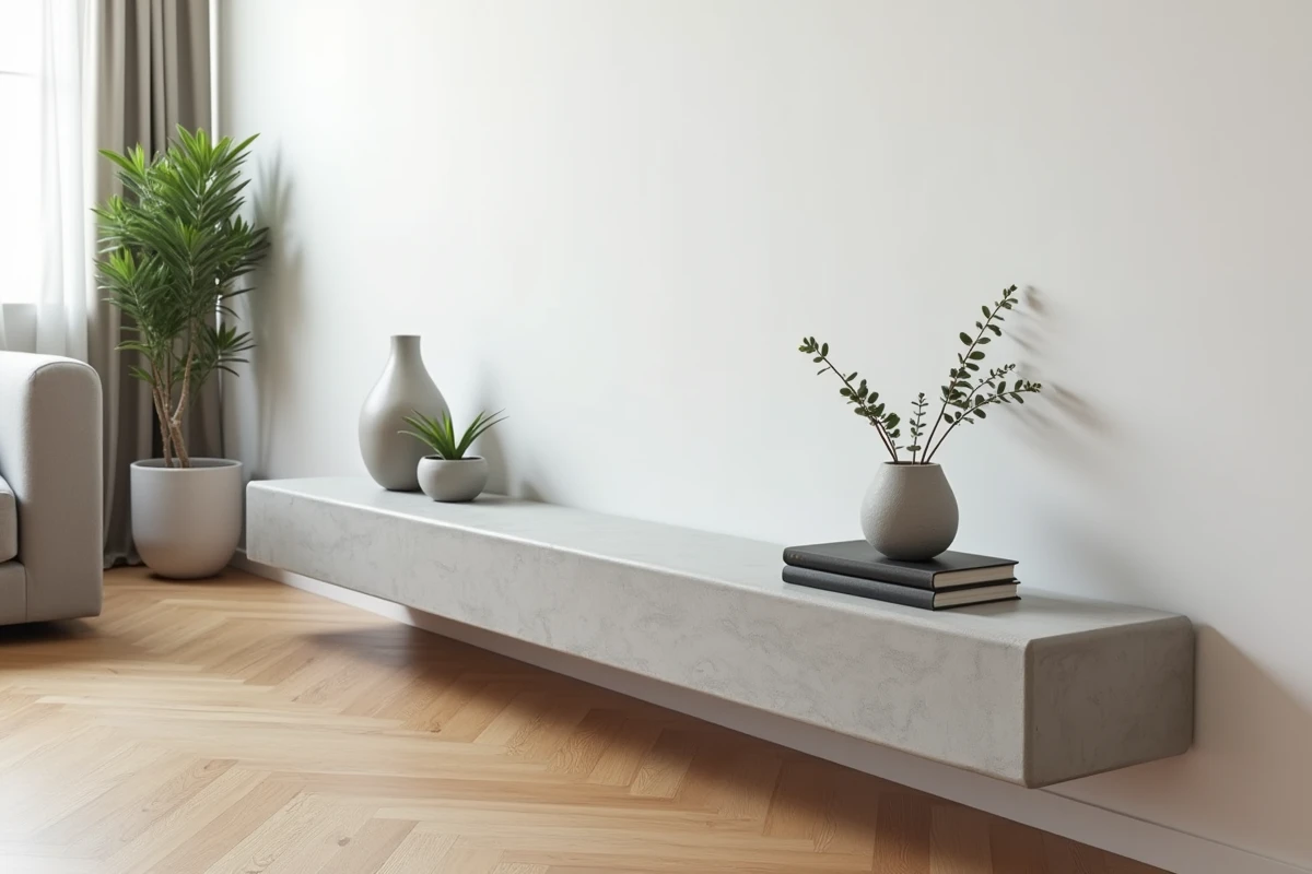 Meuble étagère en béton cellulaire finalisé dans un salon moderne avec décoration minimaliste et parquet en chêne