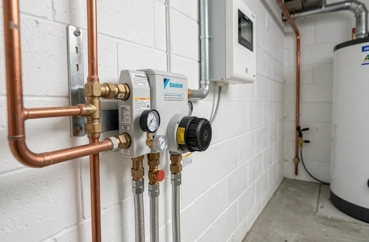 Module hydraulique intérieur d'une pompe à chaleur air-eau Daikin avec tuyauterie cuivre et régulateur mural