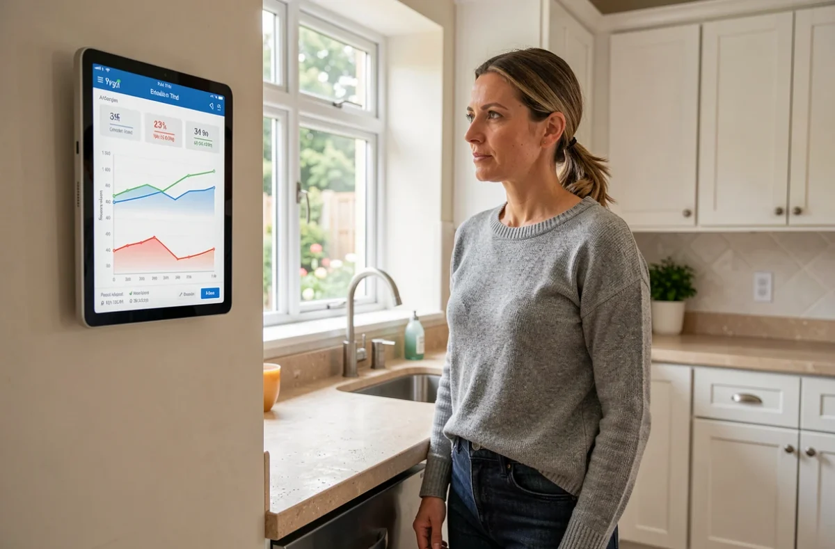 Femme consultant un tableau de bord de monitoring de production solaire autoconsommation sur une tablette dans une cuisine moderne