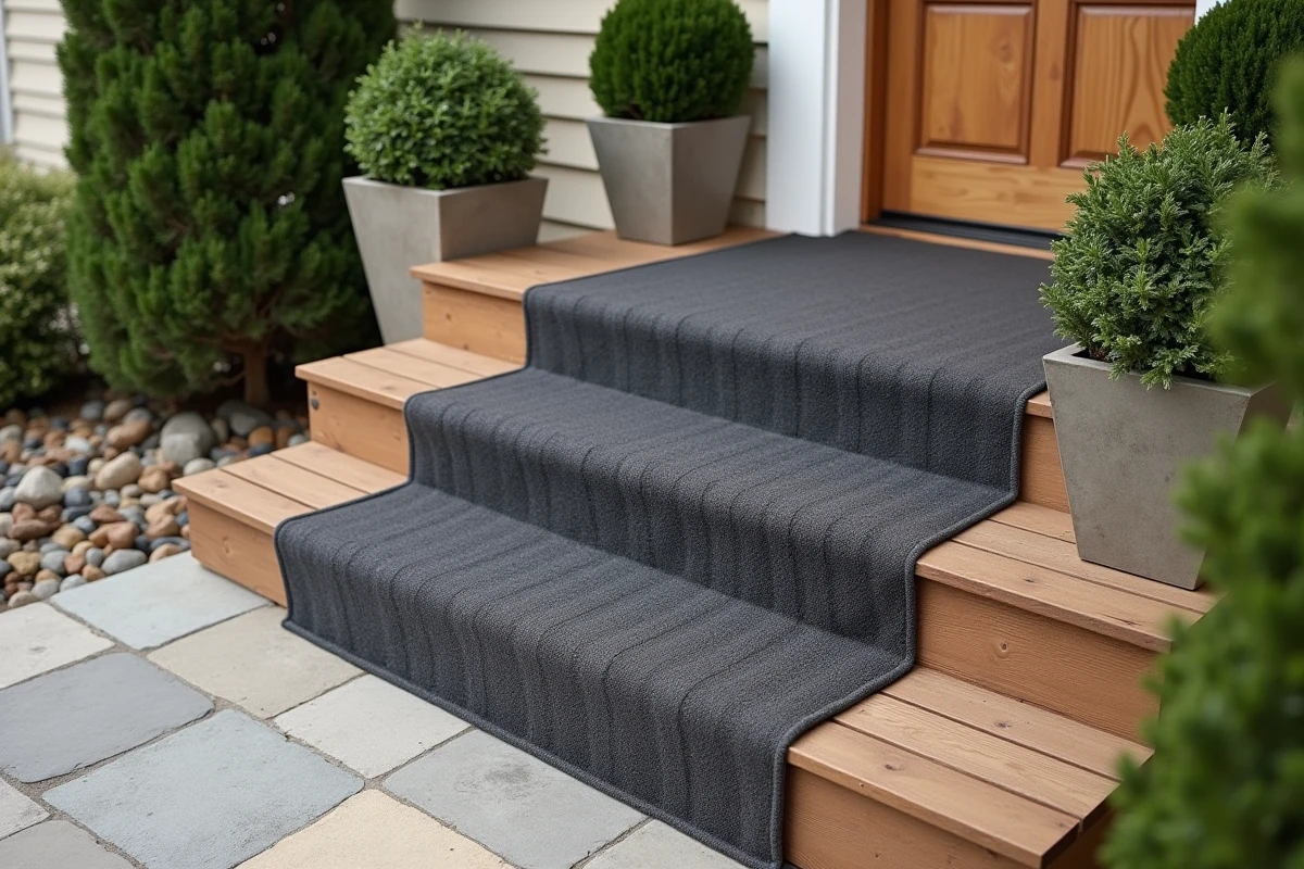 Moquette grise installée sur marches d'escalier extérieur en bois devant une maison moderne
