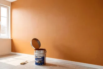 Mur peint en orange à côté d'un pot de peinture ouvert