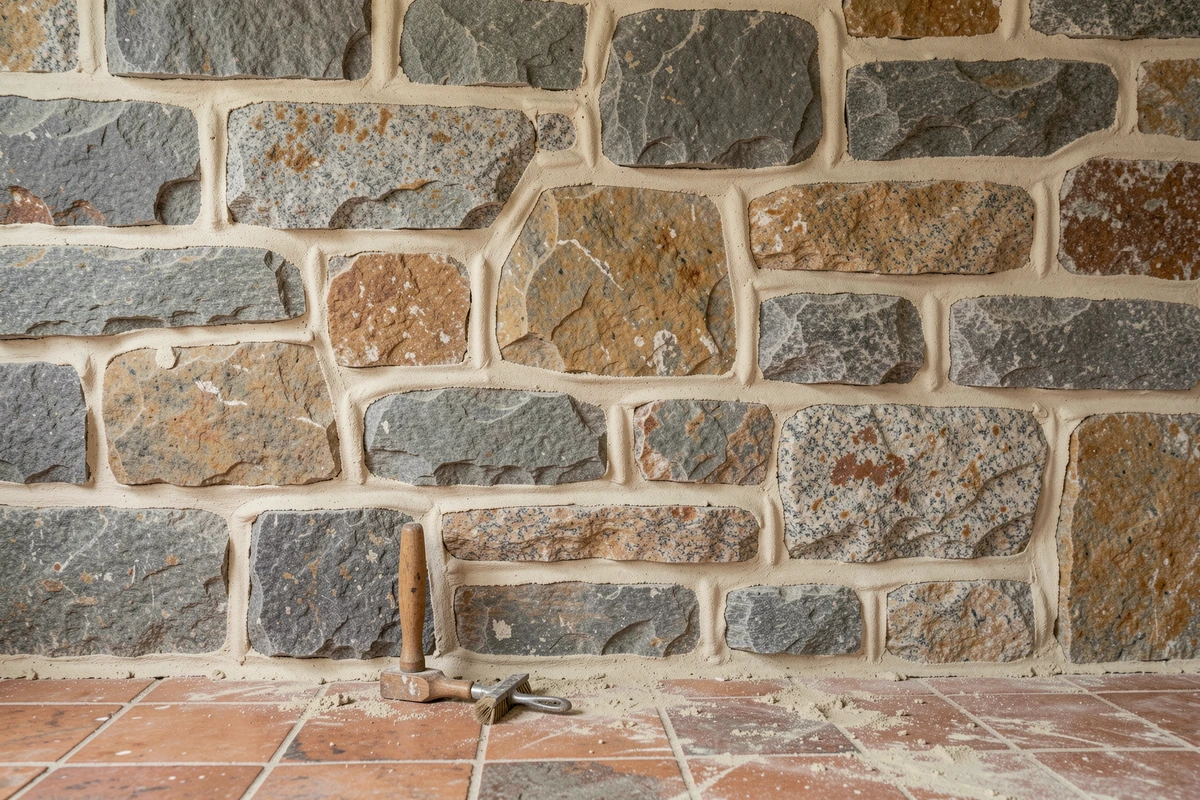 Mur en pierres apparentes intérieur avec joints au mortier chaux-sable refaits à neuf dans une maison de campagne française rénovée