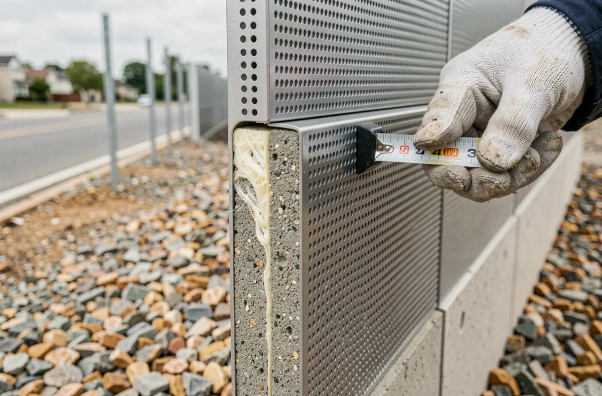 Détail en coupe d'un panneau acoustique MURPHONE montrant l'isolation en laine minérale et la face perforée en acier