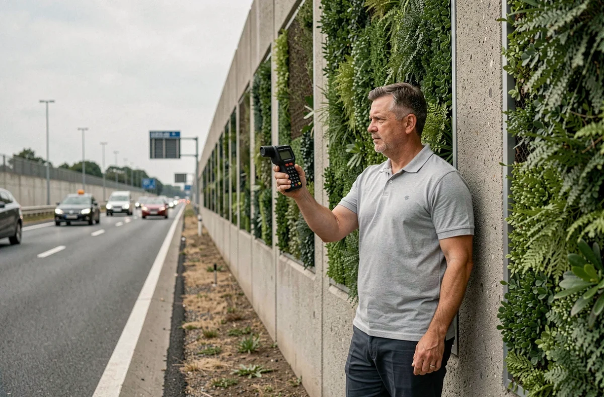 Ingénieur acousticien mesurant les performances d'un mur antibruit routier en béton avec un sonomètre professionnel