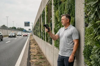 Ingénieur acousticien mesurant les performances d'un mur antibruit routier en béton avec un sonomètre professionnel