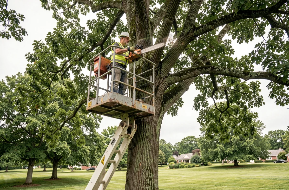 Arboriste en nacelle girafe réalisant l'élagage d'un grand chêne dans un parc urbain