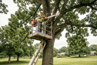Arboriste en nacelle girafe réalisant l'élagage d'un grand chêne dans un parc urbain