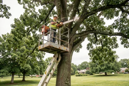 Arboriste en nacelle girafe réalisant l'élagage d'un grand chêne dans un parc urbain