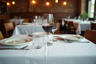Nappe blanche anti-tache infroissable sur table de restaurant avec verre de vin rouge dont les gouttes perlent sur le tissu