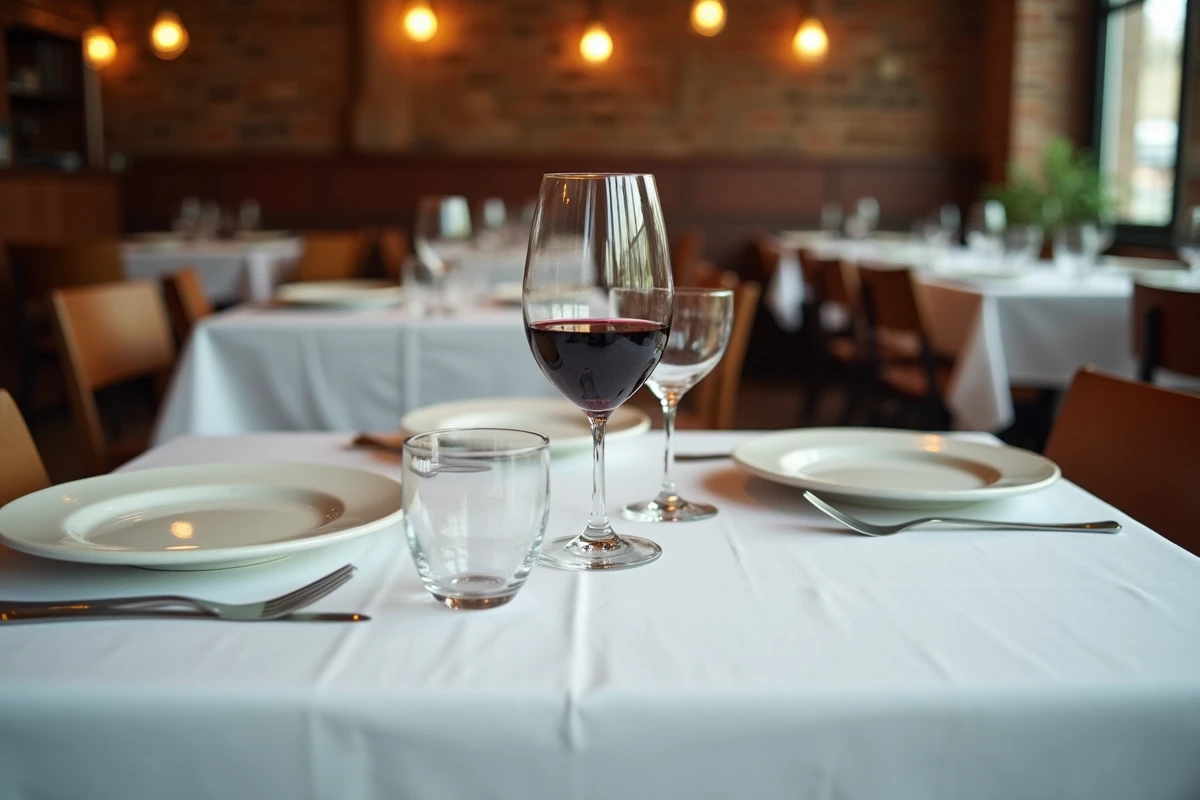 Nappe blanche anti-tache infroissable sur table de restaurant avec verre de vin rouge dont les gouttes perlent sur le tissu