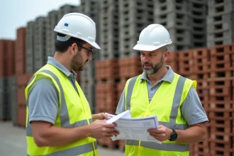 Professionnel du bâtiment négociant le prix de poutrelles hourdis avec un négociant dans un dépôt de matériaux de construction