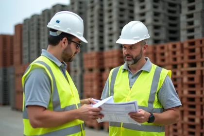 Professionnel du bâtiment négociant le prix de poutrelles hourdis avec un négociant dans un dépôt de matériaux de construction