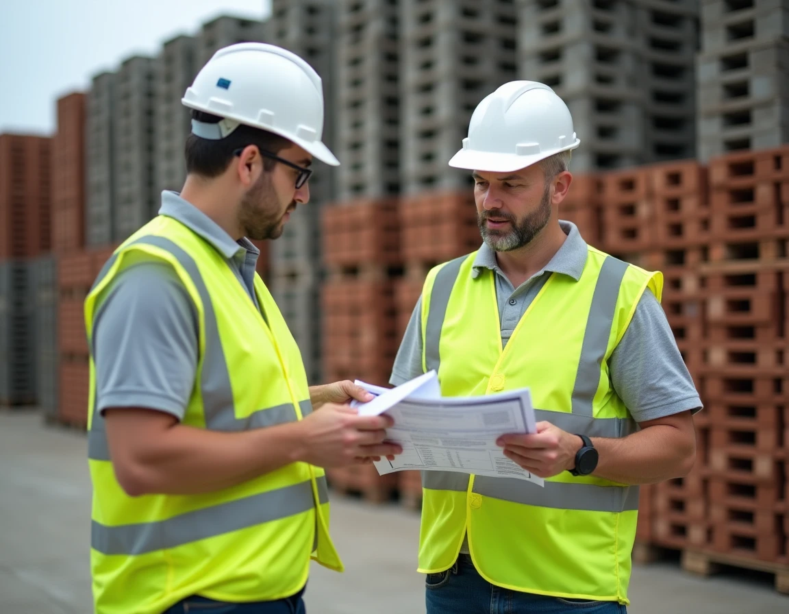 Professionnel du bâtiment négociant le prix de poutrelles hourdis avec un négociant dans un dépôt de matériaux de construction