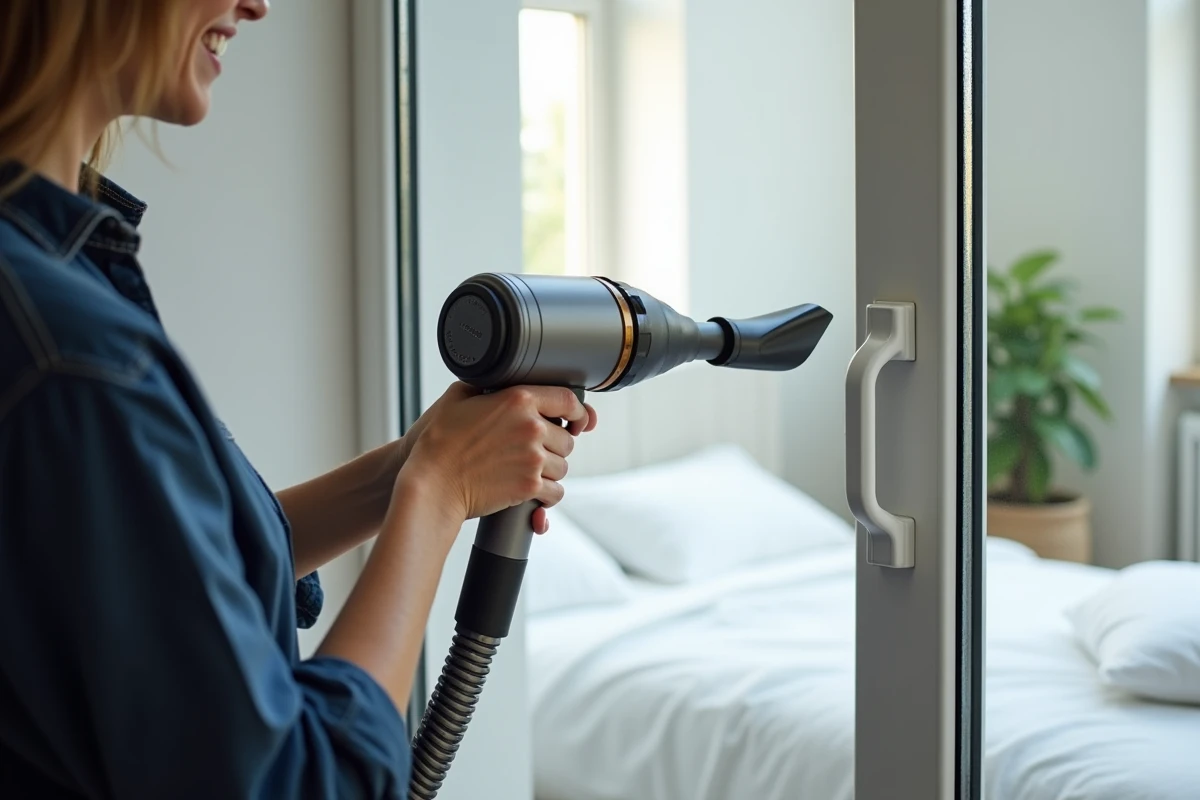 Femme aspirant la poussière d'une aération de fenêtre PVC avec un aspirateur dans une chambre moderne